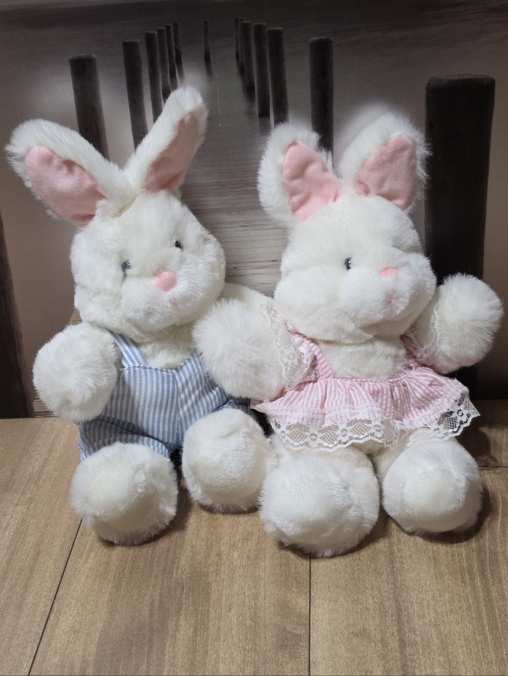 Enesco Vintage Pair of White Plush Bunny Dolls with Pink & Blue Outfits